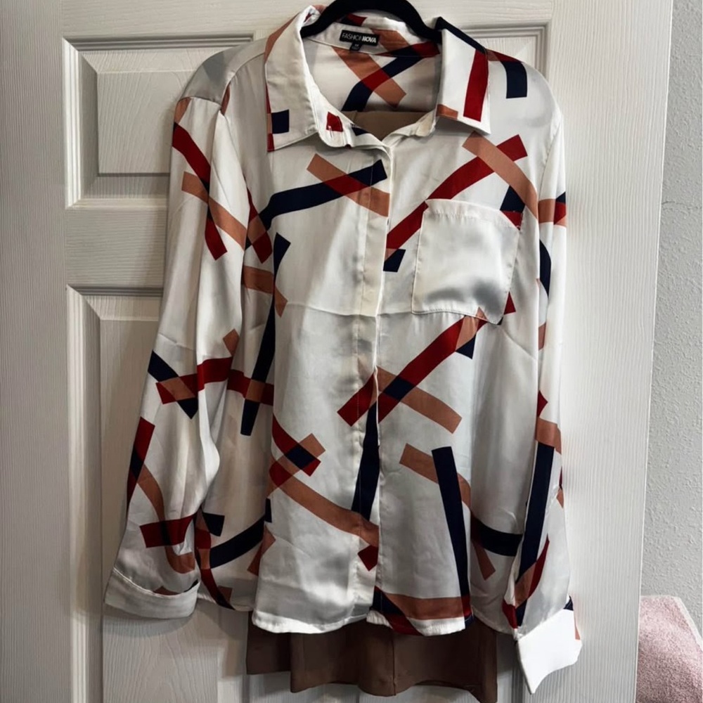 Fashion Nova White and Red Geometric Blouse